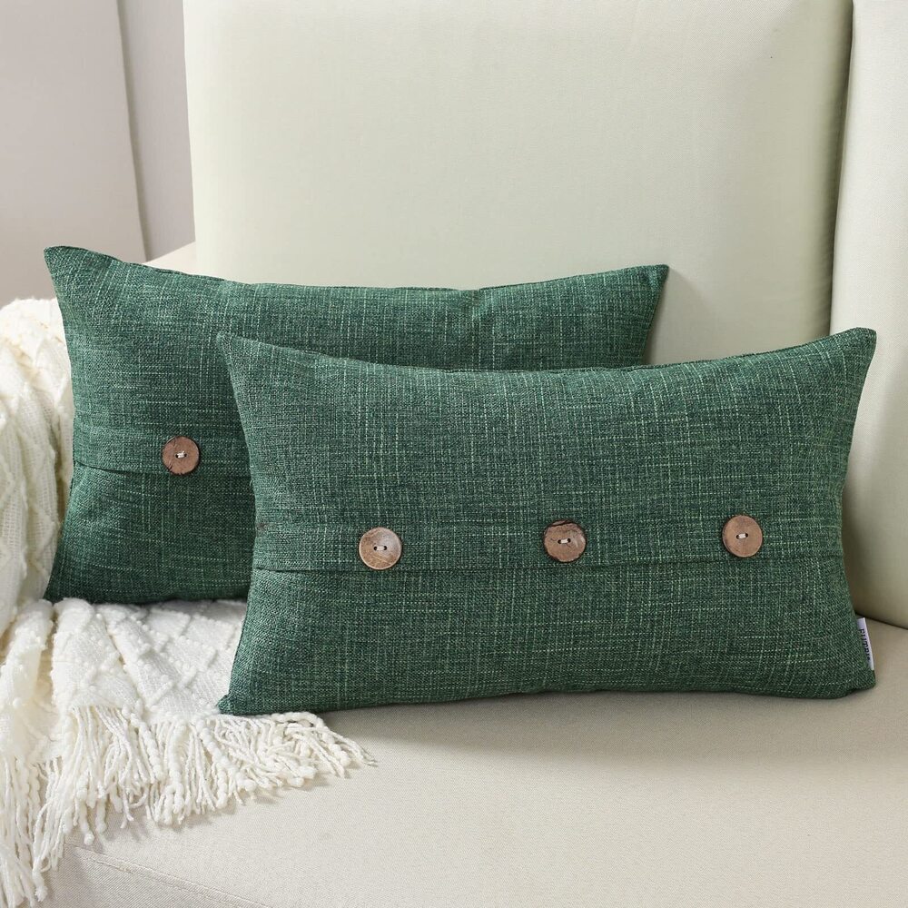 1114 Emerald Green Linen Decorative Throw Pillow Covers 12x20 Inch Set of